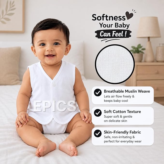 White Front Button Jabla Organic Cotton Newborn Baby Tank Tops (Pack of 6)