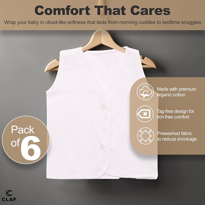 White Front Button Jabla Organic Cotton Newborn Baby Tank Tops (Pack of 6)