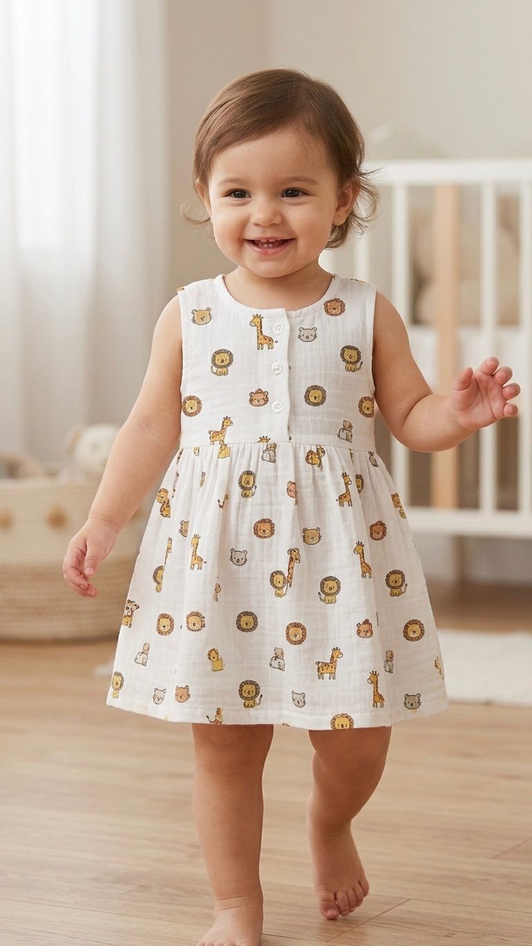Front Button 4 layer Muslin Cotton Frock For Girls -Any 1 Random Print