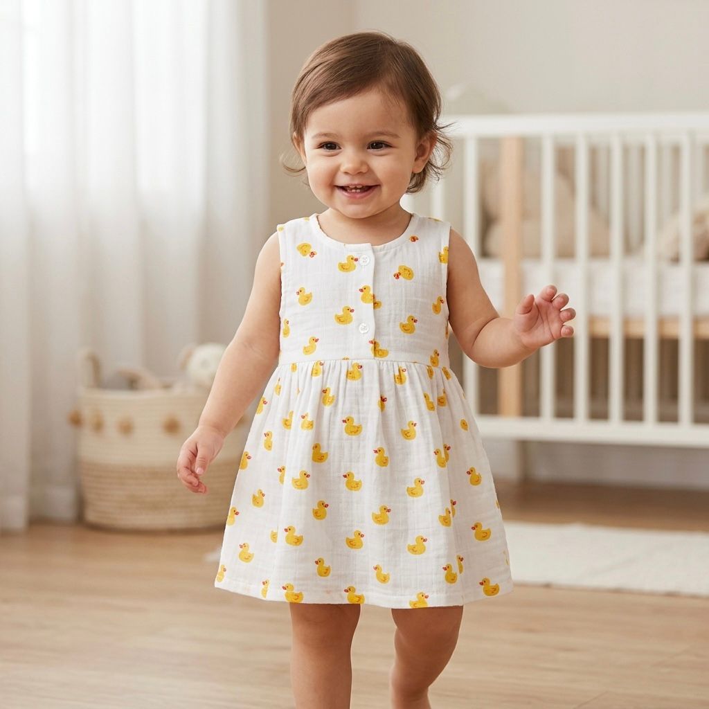 Front Button 4 layer Muslin Cotton Frock For Girls -Any 1 Random Print