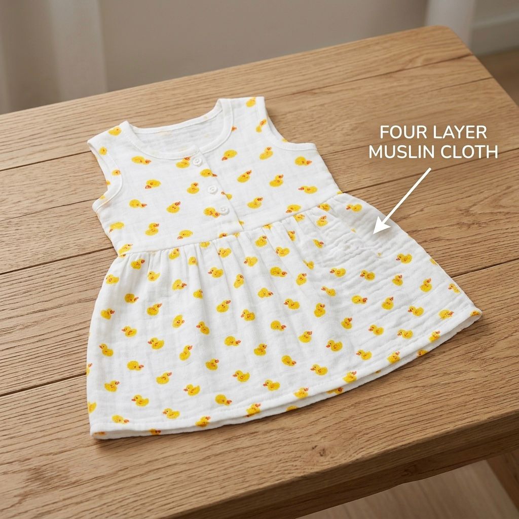 Front Button 4 layer Muslin Cotton Frock For Girls -Any 1 Random Print