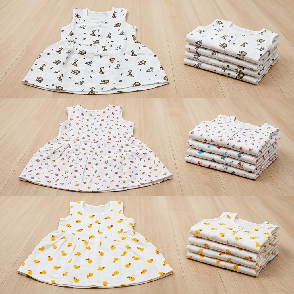 Front Button 4 layer Muslin Cotton Frock For Girls -Any 1 Random Print