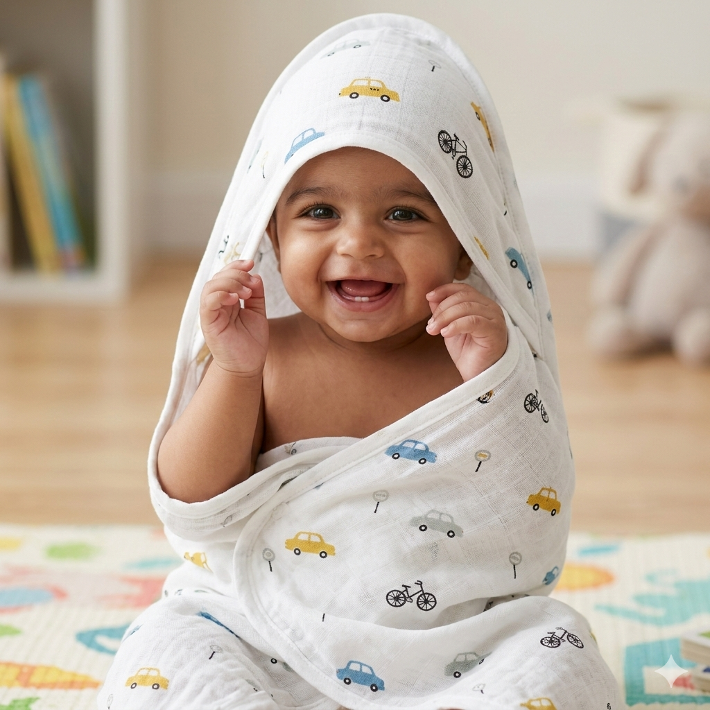 4 Layer Thick Baby Muslin Hooded Cap Towel - Any 1 Random Print -size 30*25 Inches