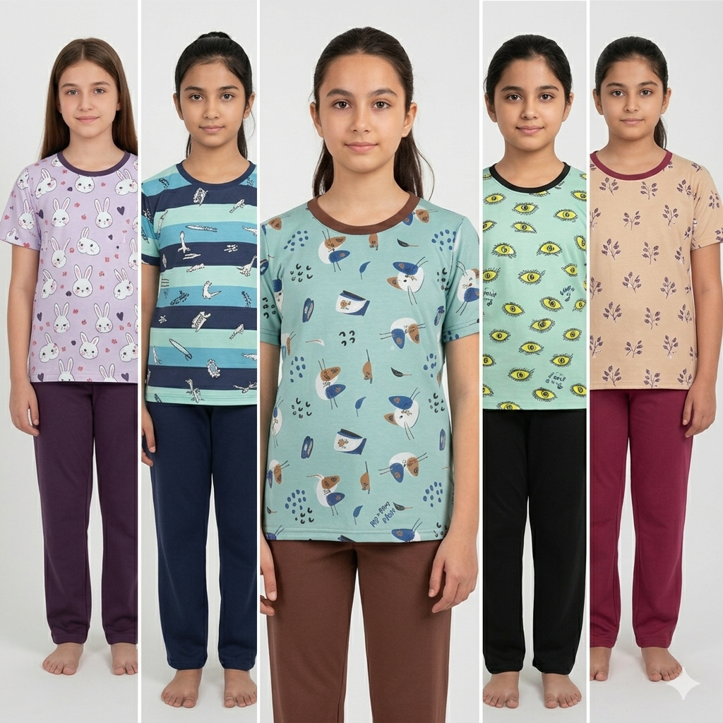 Girls 2 piece Cotton daily wear Night Dress - Any 1 Random Color