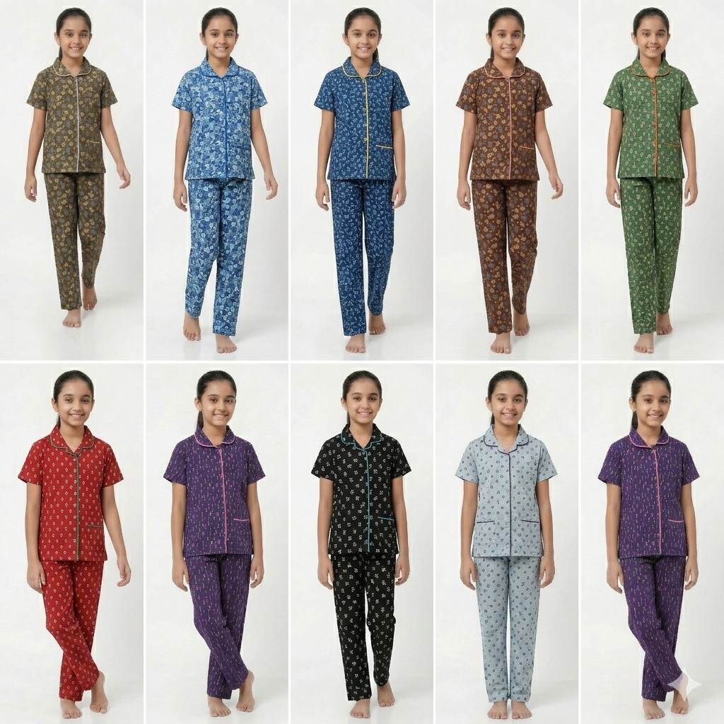Girls Cute wear Night Suit Cotton Night Dress of Shirt and Pajama Set (Collarset) - Any 5 Colors Combo