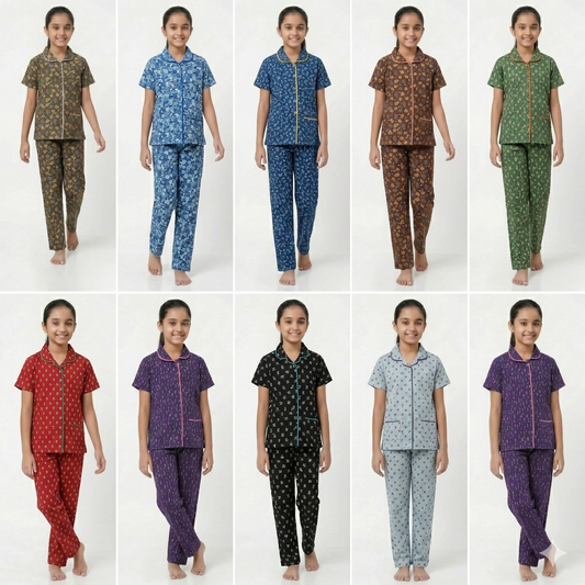Girls Cute wear Night Suit Cotton Night Dress of Shirt and Pajama Set (Collarset) - Any 5 Colors Combo