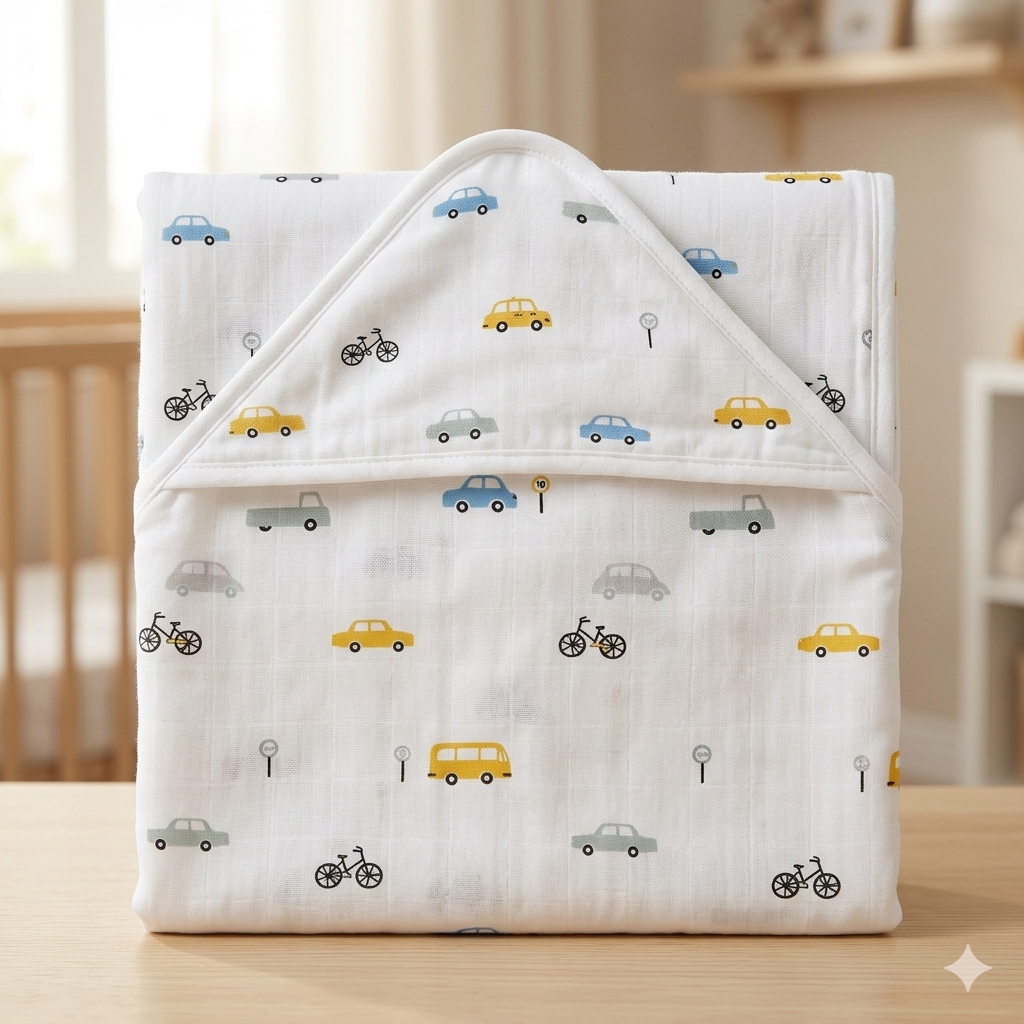 Baby Muslin Hooded Cap Towel - Any 1 Random Print -size 30*30 Inches