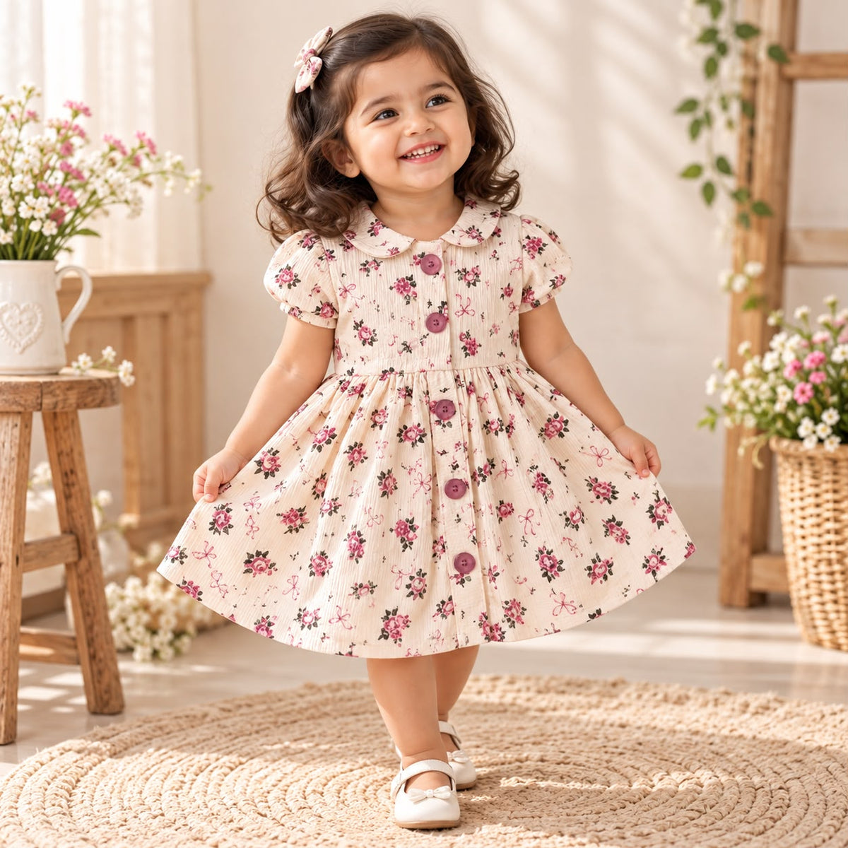 Girls Floral Cotton Dress – Peter Pan Collar & Puff Sleeves