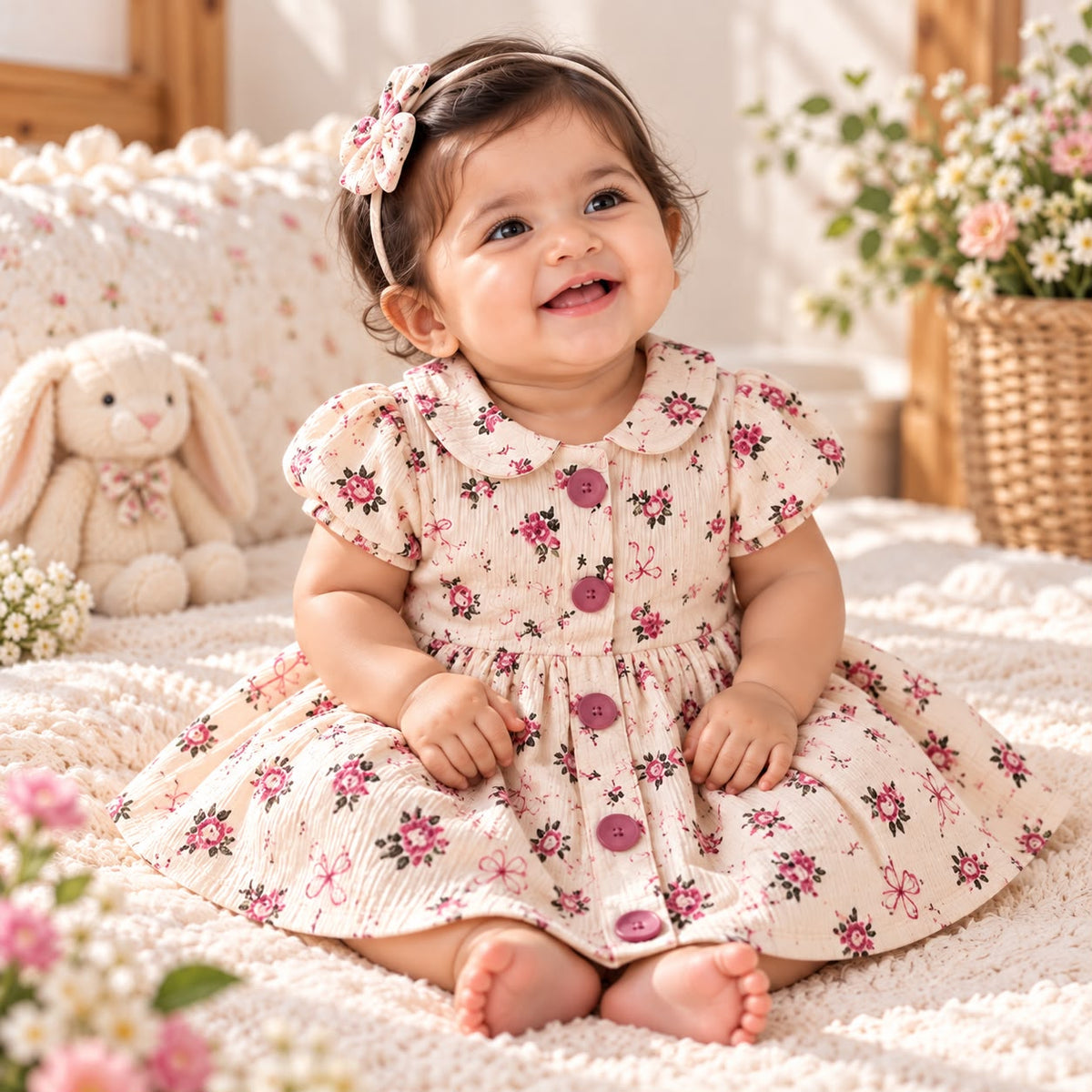 Girls Floral Cotton Dress – Peter Pan Collar & Puff Sleeves