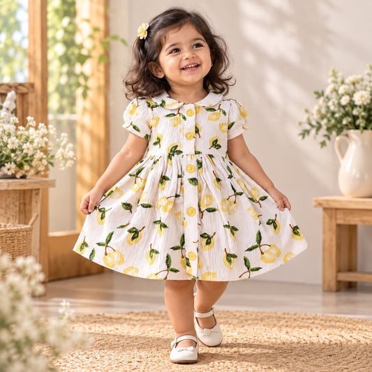 Girls Lemon Print Cotton Dress – Peter Pan Collar & Puff Sleeves