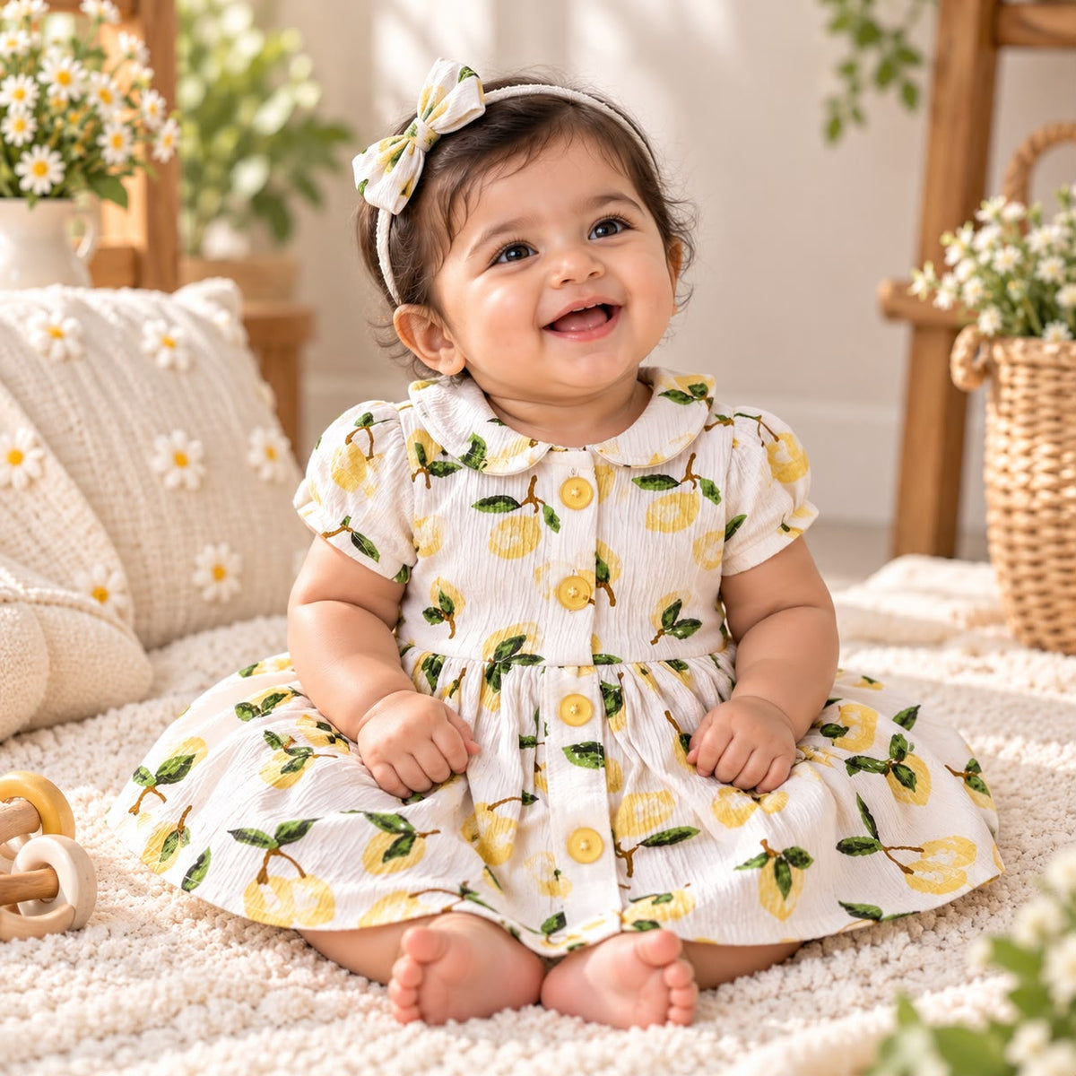 Girls Lemon Print Cotton Dress – Peter Pan Collar & Puff Sleeves