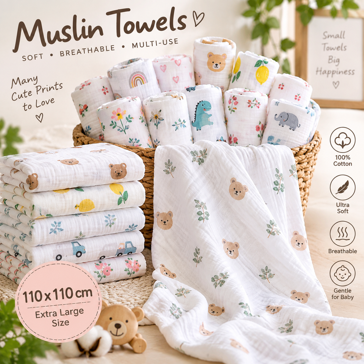 Premium Jumbo Muslin Baby Towel – 110 × 110 cm | Extra Large, Soft & Breathable
