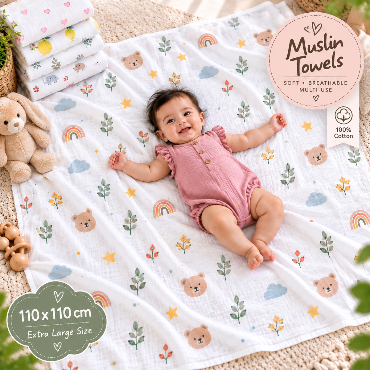 Premium Jumbo Muslin Baby Towel – 110 × 110 cm | Extra Large, Soft & Breathable