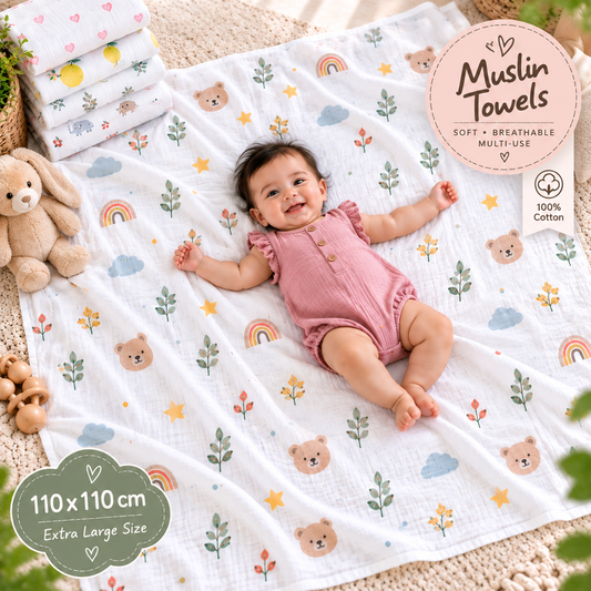 Premium Jumbo Muslin Baby Towel – 110 × 110 cm | Extra Large, Soft & Breathable