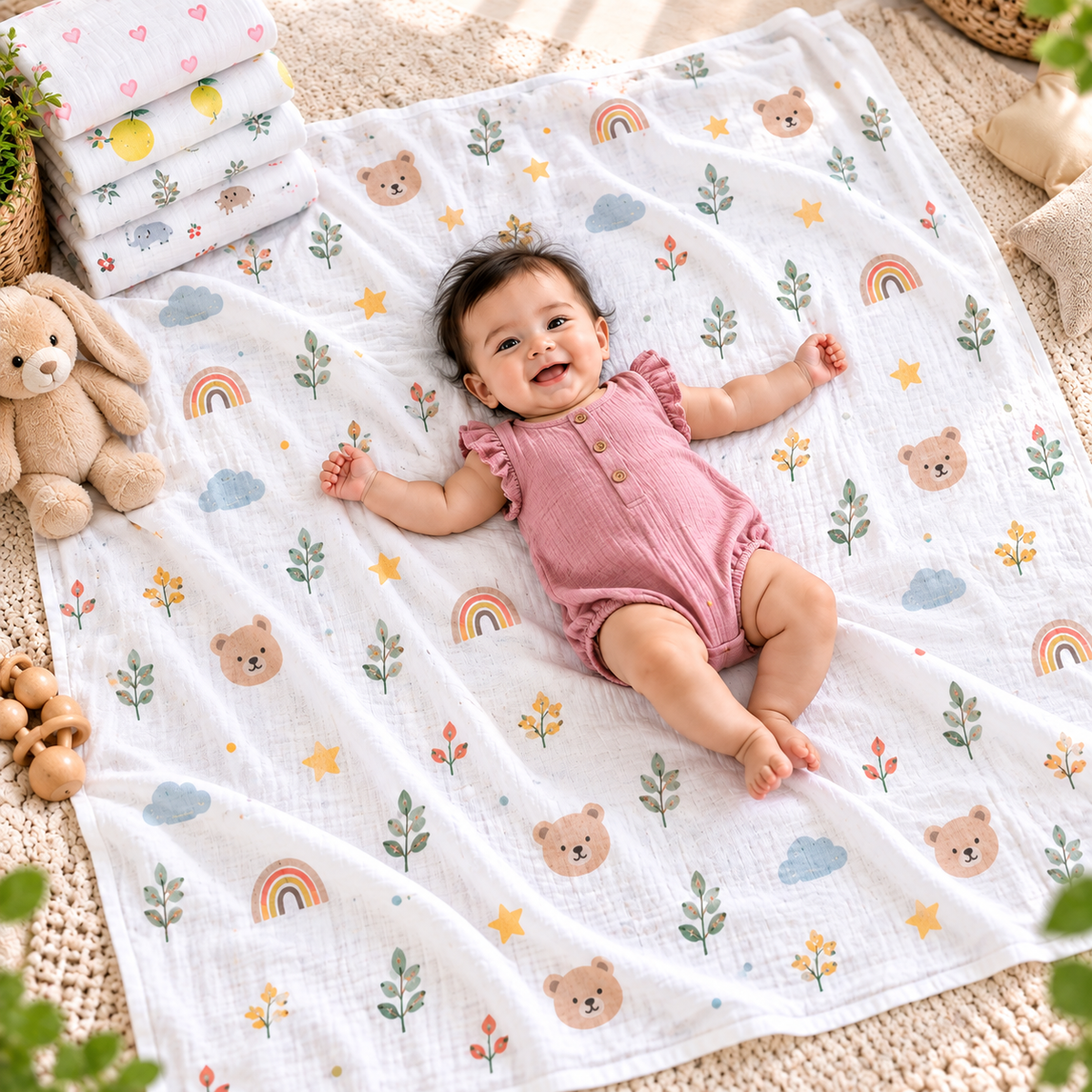 Premium Jumbo Muslin Baby Towel – 110 × 110 cm | Extra Large, Soft & Breathable