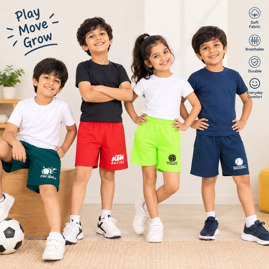 KIds Unisex Activewear Shorts - Pack of 5 | Random Colours | Everyday Wear (3-13+ Years)