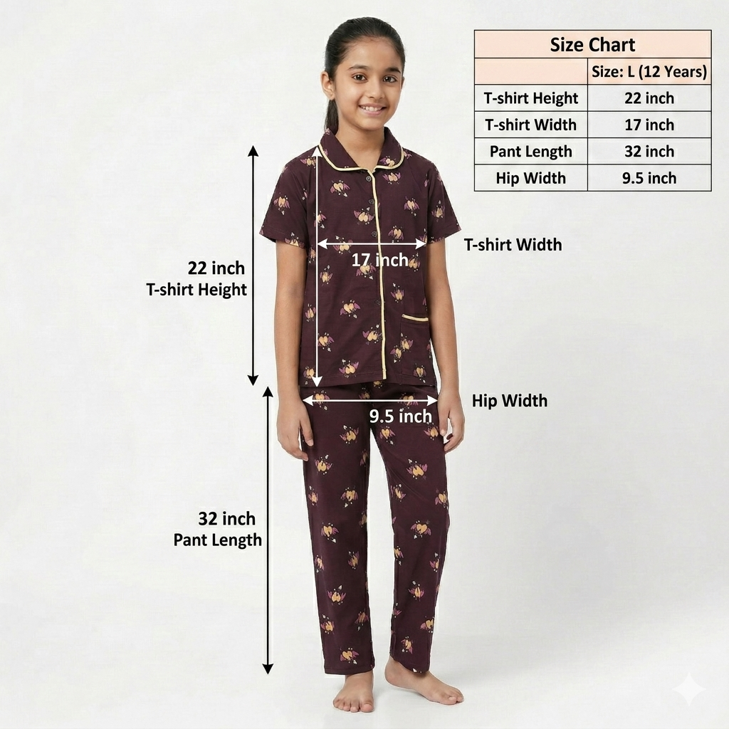 Girls Cute wear Night Suit Cotton Night Dress of Shirt and Pajama Set (Collarset) - Any 1 Color Random