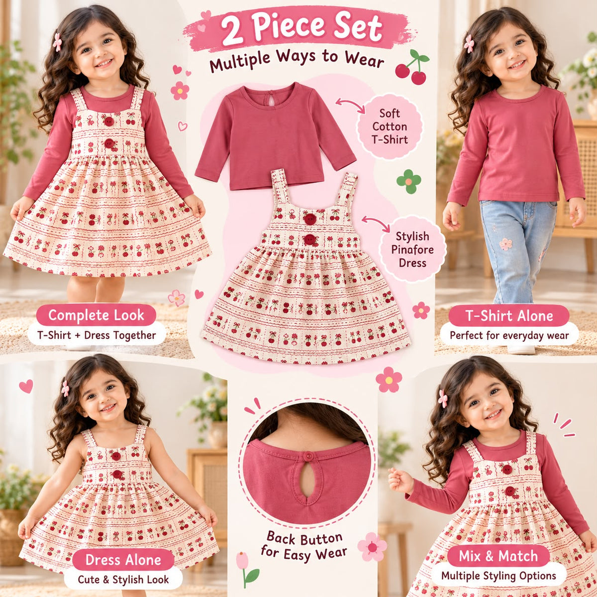 Mauve Floral Girls 2-Piece Floral Dress Set with T-Shirt | Stylish Cotton Outfit