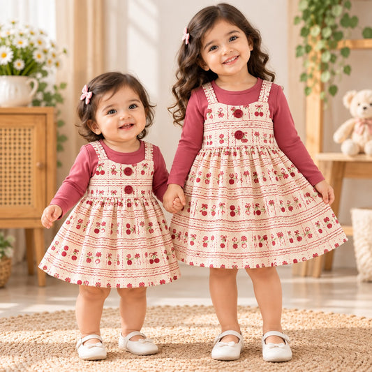 Mauve Floral Girls 2-Piece Floral Dress Set with T-Shirt | Stylish Cotton Outfit