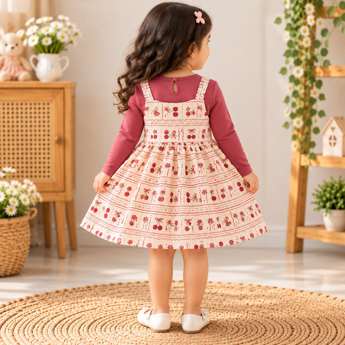 Mauve Floral Girls 2-Piece Floral Dress Set with T-Shirt | Stylish Cotton Outfit