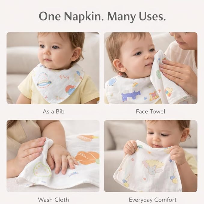 Thick Muslin Baby Wipes / Newborn Napkin -100% Cotton 4 layer Muslin (Any 5 Print) 12*12 Inches