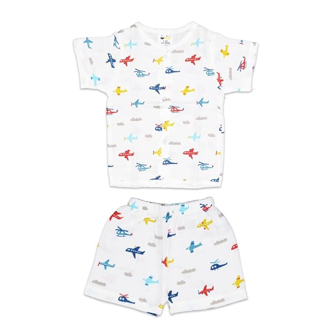 Crinkle Muslin Printed Half sleeve Button Jabla and Shorts Co-ords Set for Baby-(6-12 Month) Any 1 set
