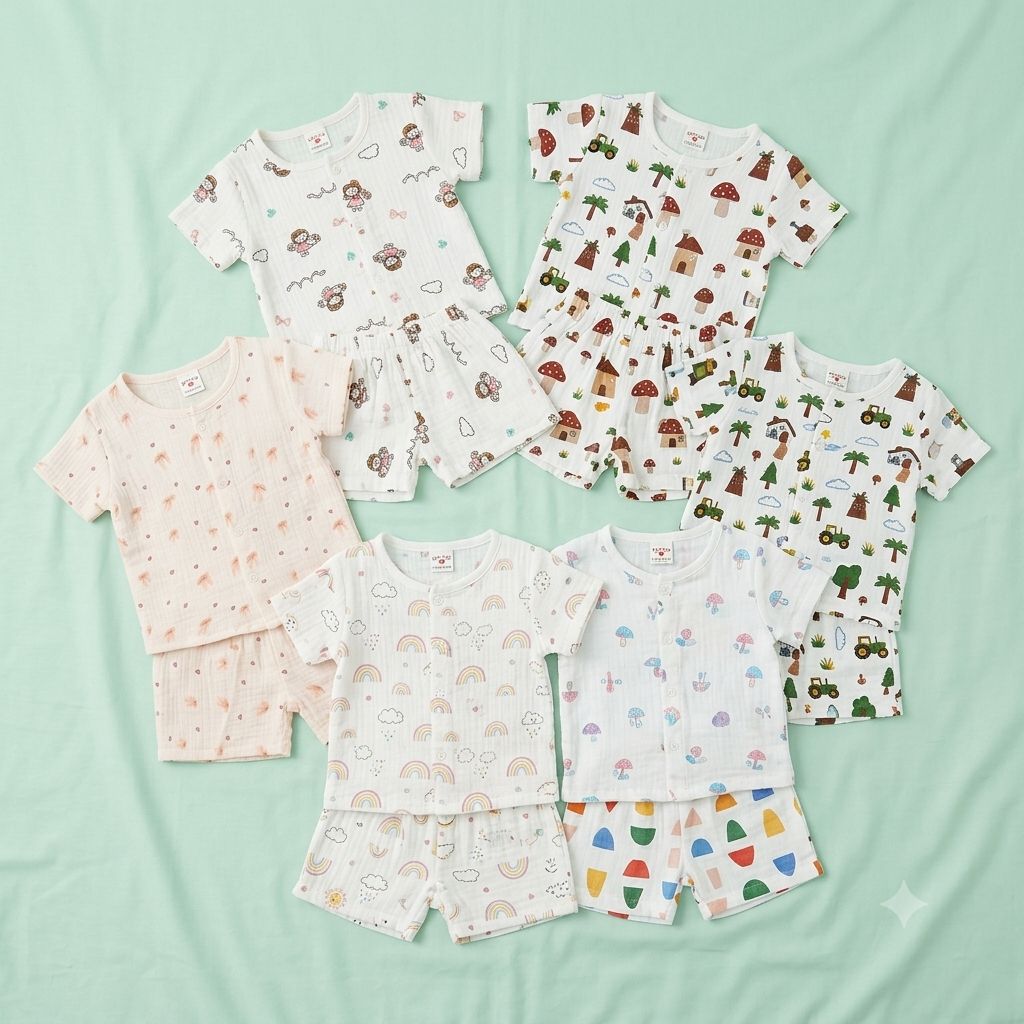 Crinkle Muslin Printed Half sleeve Button Jabla and Shorts Co-ords Set for Baby-(6-12 Month) Any 1 set