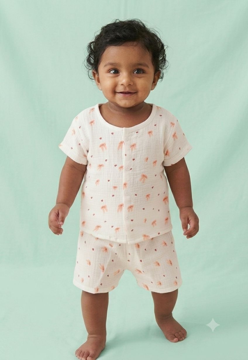 Crinkle Muslin Printed Half sleeve Button Jabla and Shorts Co-ords Set for Baby-(6-12 Month) Any 1 set