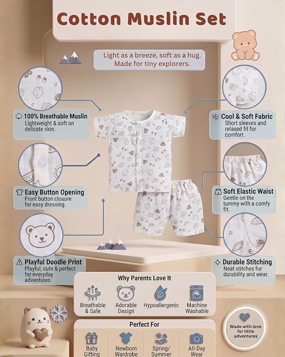 Crinkle Muslin Printed Half sleeve Button Jabla and Shorts Co-ords Set for Baby-(6-12 Month) Any 1 set