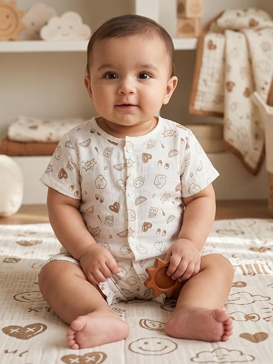 Crinkle Muslin Printed Half sleeve Button Jabla and Shorts Co-ords Set for Baby-(6-12 Month) Any 1 set