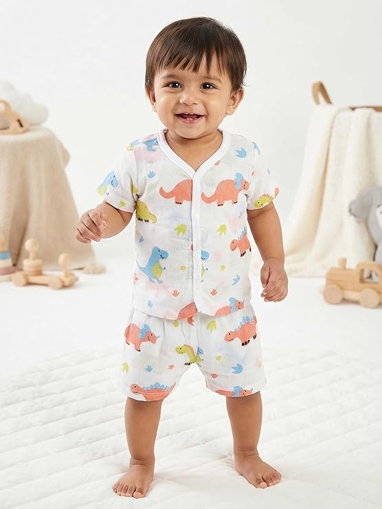 Crinkle Muslin Printed Half sleeve Button Jabla and Shorts Co-ords Set for Baby-(6-12 Month) Any 1 set