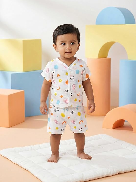 Crinkle Muslin Printed Half sleeve Button Jabla and Shorts Co-ords Set for Baby-(6-12 Month) Any 1 set
