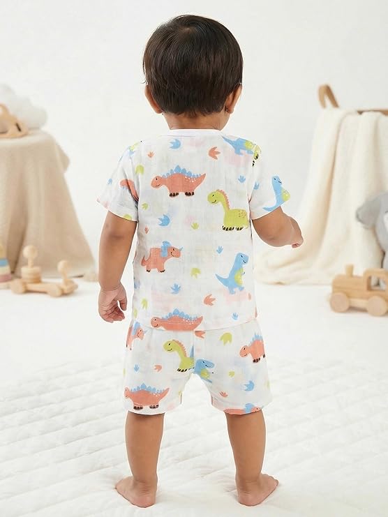 Crinkle Muslin Printed Half sleeve Button Jabla and Shorts Co-ords Set for Baby-(6-12 Month) Any 1 set