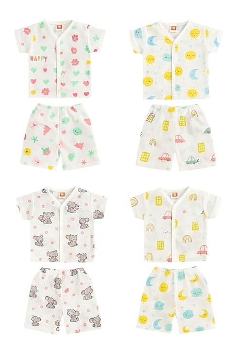 Crinkle Muslin Printed Half sleeve Button Jabla and Shorts Co-ords Set for Baby-(6-12 Month) Any 1 set