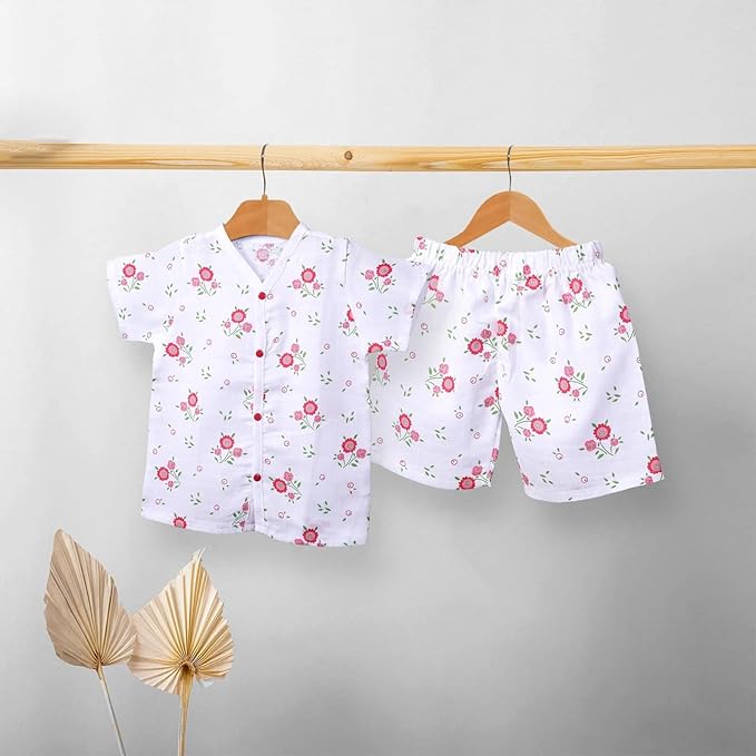 Crinkle Muslin Printed Half sleeve Button Jabla and Shorts Co-ords Set for Baby-(6-12 Month) Any 1 set