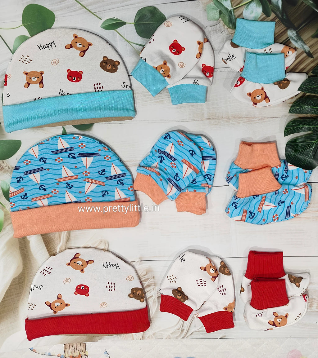 New Born Mitten Booties Set -Cap, socks and Mittens -Any 1 Random Color