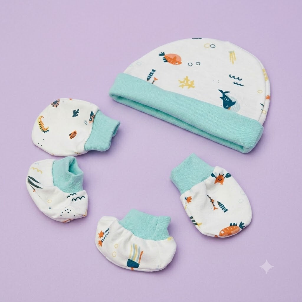 New Born Mitten Booties Set -Cap, socks and Mittens -Any 1 Random Color
