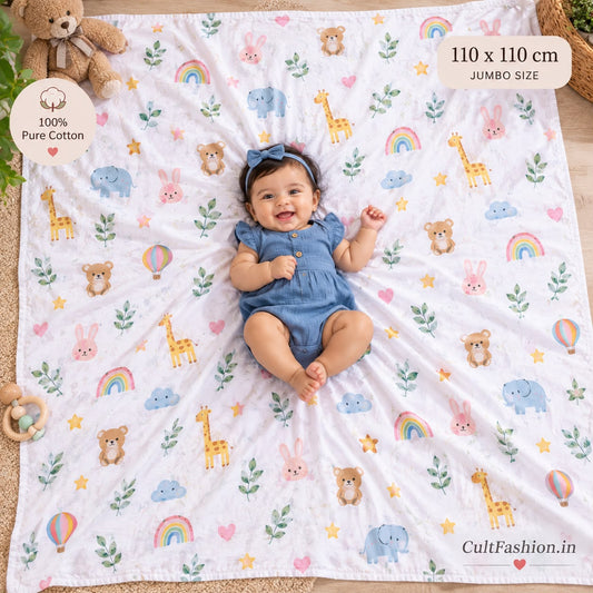 Premium 100% Pure Cotton Baby Towel 110 × 110 cm Jumbo Size Soft Printed Bath & Wrap Towel