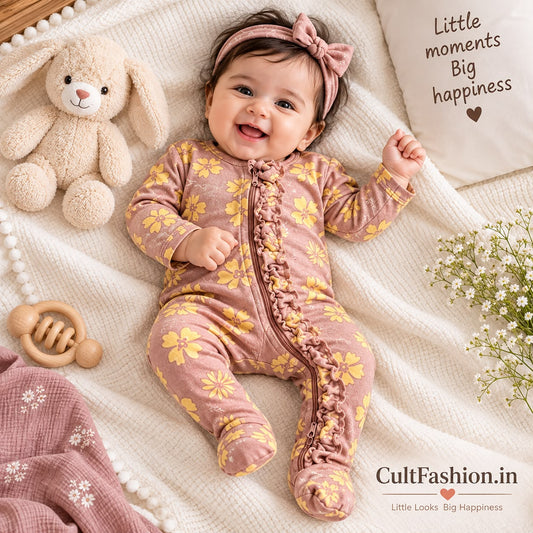 Premium Baby Girls Dusty Pink Polka Dot Romper with Frill | Elbow Sleeve Footed Baby Jumpsuit with Zipper