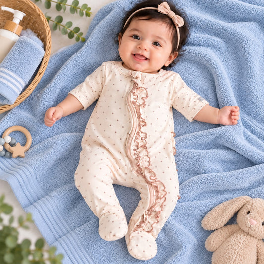 Premium Baby Girls Cream Polka Dot Romper with Frill | Elbow Sleeve Footed Baby Jumpsuit with Zipper