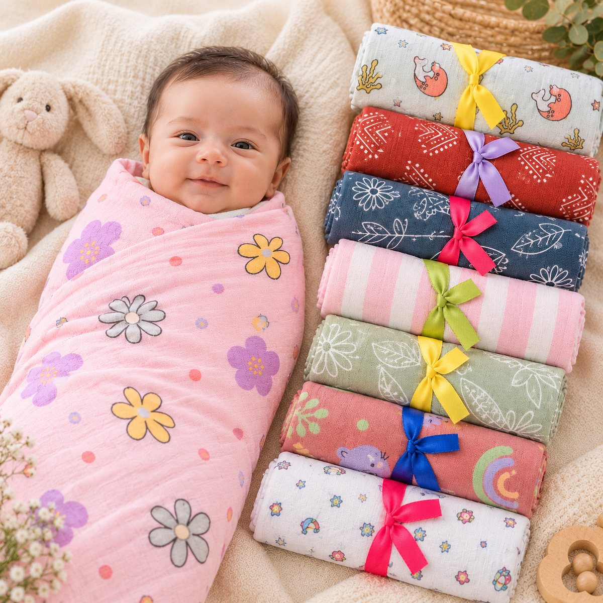 Premium Colorful Muslin Baby Towels | Soft, Breathable & Gentle Cotton Towels for Newborns & Kids