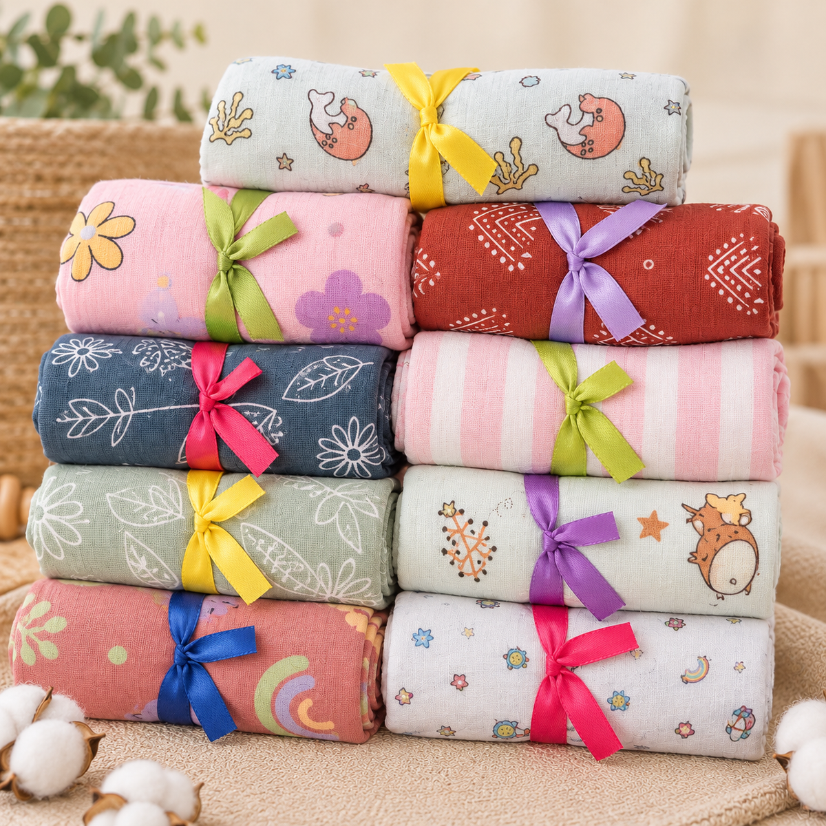 Premium Colorful Muslin Baby Towels | Soft, Breathable & Gentle Cotton Towels for Newborns & Kids