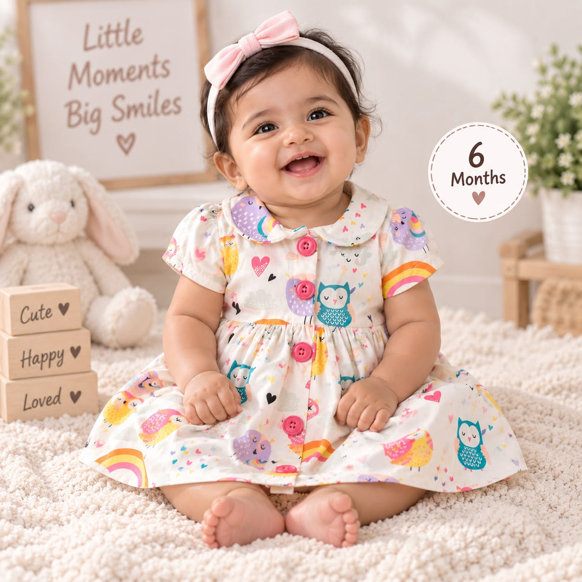 Premium Soft Cotton Collar Frock for Little Girls Cute Owl & Rainbow Print