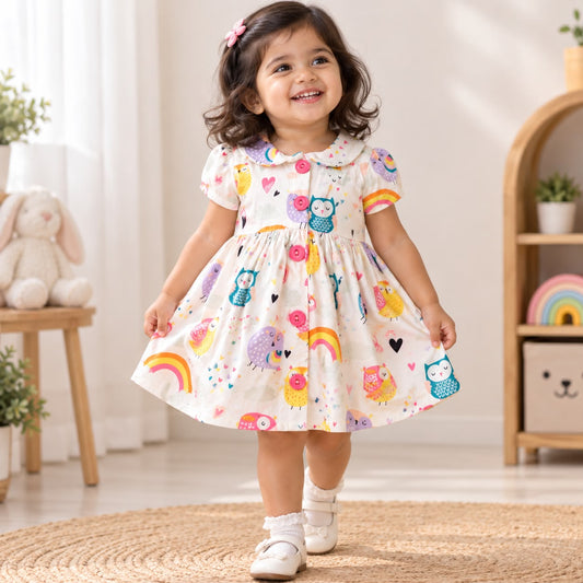 Premium Soft Cotton Collar Frock for Little Girls Cute Owl & Rainbow Print