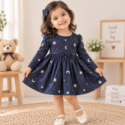 Premium Moon & Star Print 100% Cotton Baby Frock | Soft & Comfortable Girls Dress