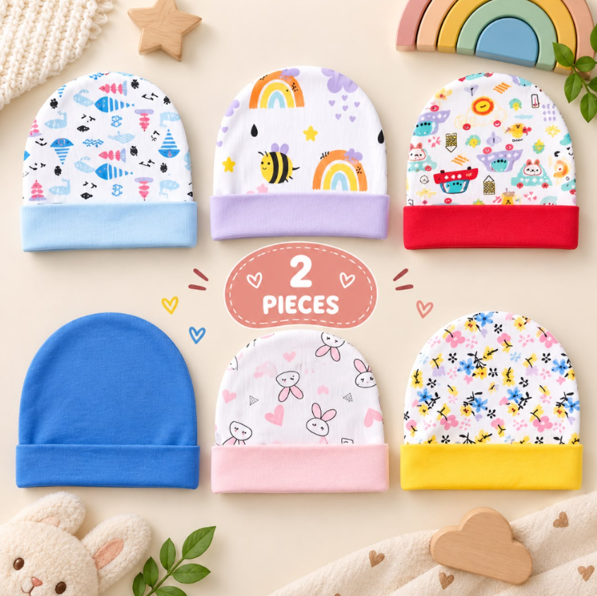 Soft Cotton Baby Cap 2 Pcs- 0 to 6 Months Any 2