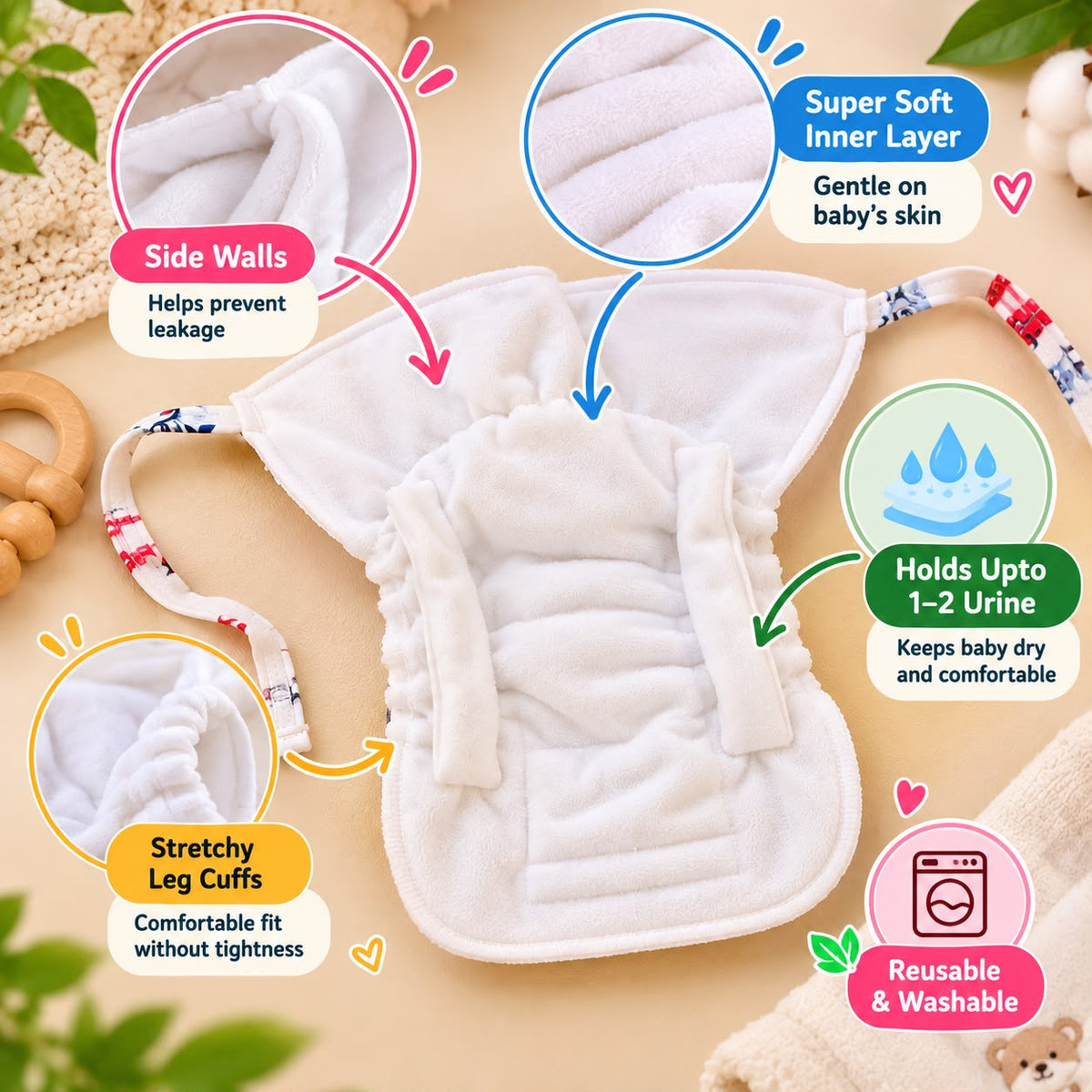 Thick Reusable Baby Diaper Nappy / Longood – Soft & Absorbent | 0–6 Months- Any 1