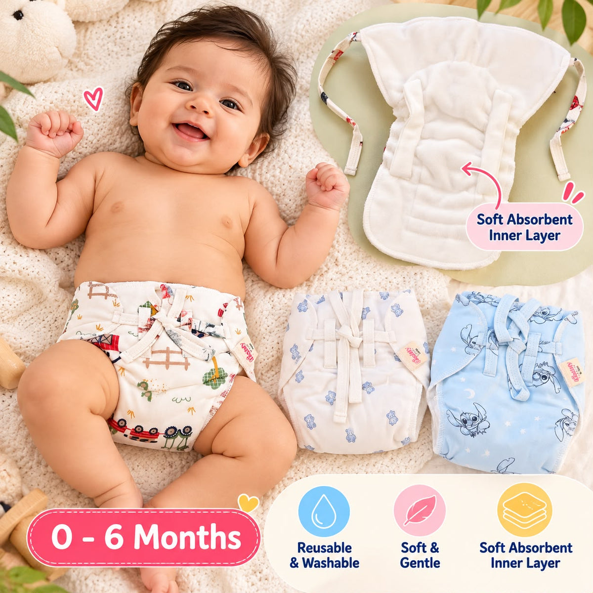 Thick Reusable Baby Diaper Nappy / Longood – Soft & Absorbent | 0–6 Months- Any 1