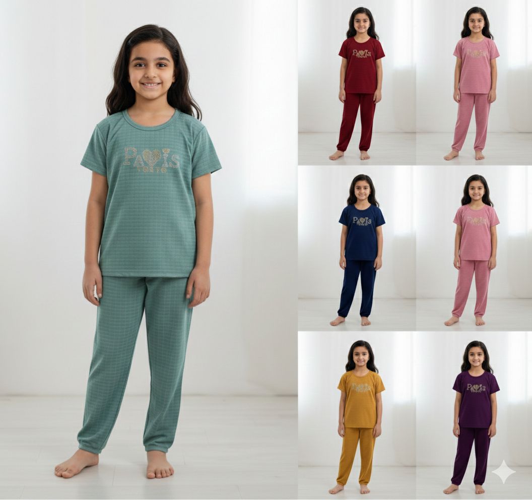 Collage of children wearing various pajama sets on a white background