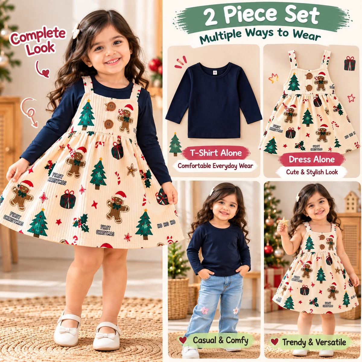 Girls Christmas Printed Pinafore Dress with Full Sleeve T-Shirt | 2-Piece Outfit